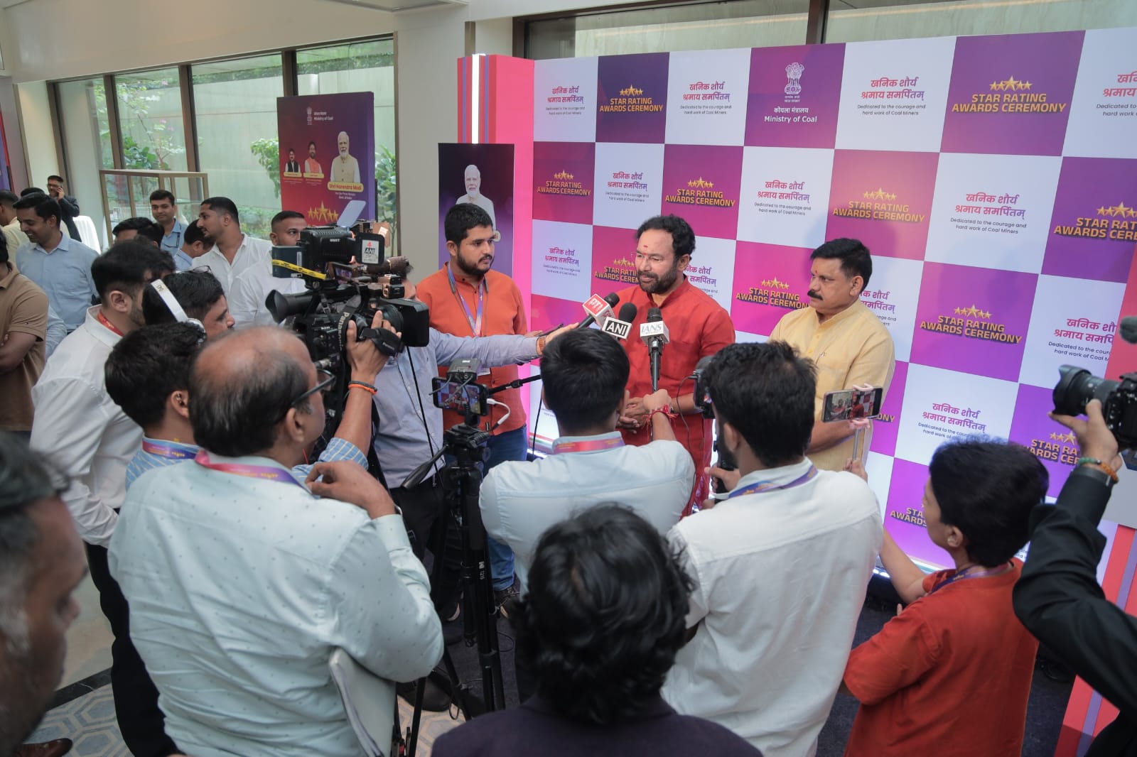 Hon’ble Minister of Coal and Mines, Shri G. Kishan Reddy, and Hon’ble Minister of State for Coal and Mines, Shri Satish Chandra Dubey, interacting with the media at the Star Rating Awards.